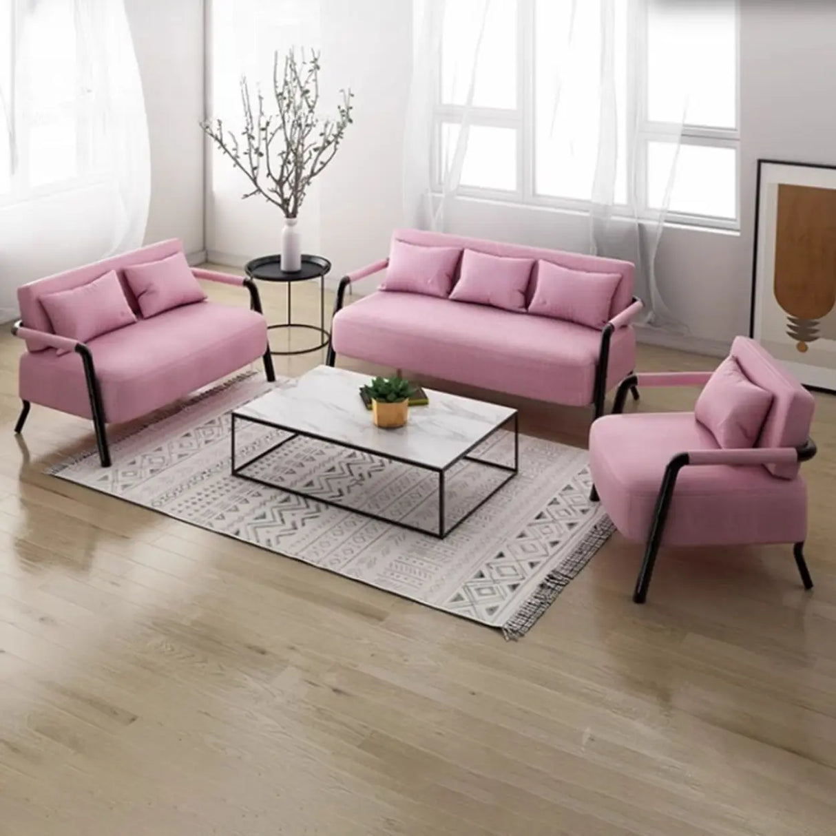 Pink Cotton Linen Pillow Back Tuxedo Arm Loveseat Image - 1