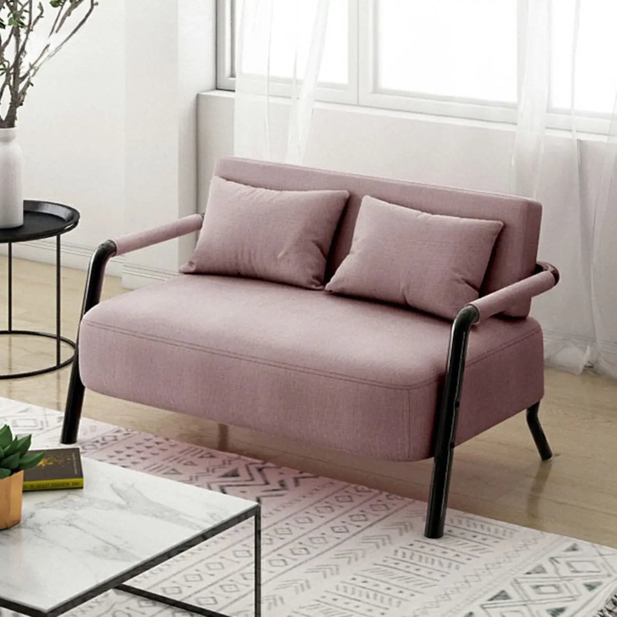 Pink Cotton Linen Pillow Back Tuxedo Arm Loveseat Image - 13