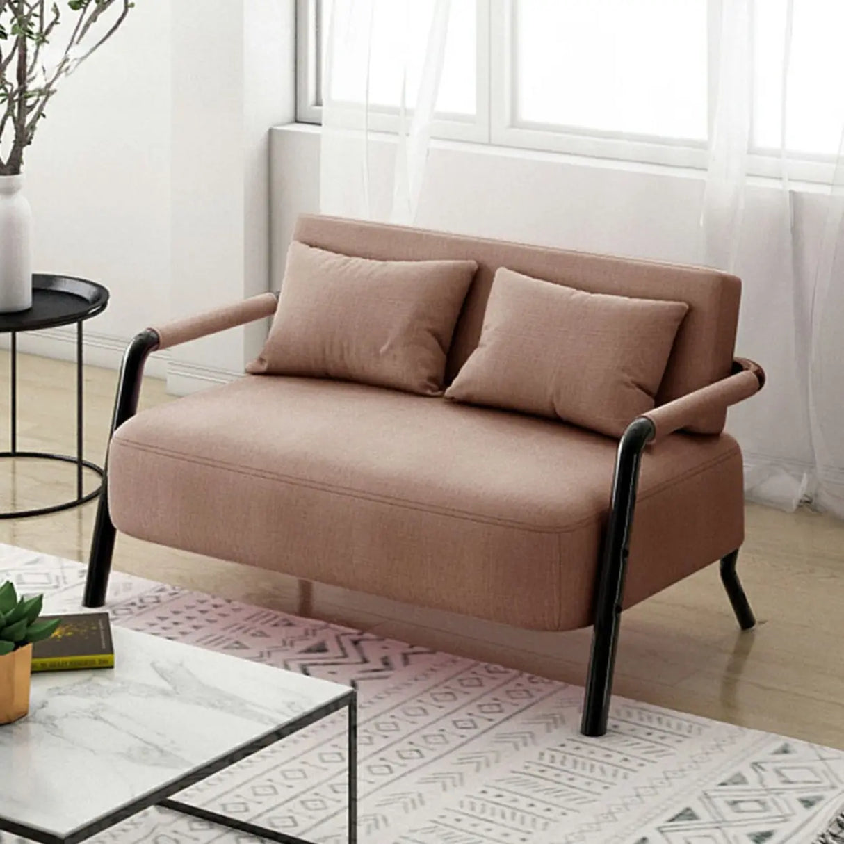 Pink Cotton Linen Pillow Back Tuxedo Arm Loveseat Image - 14