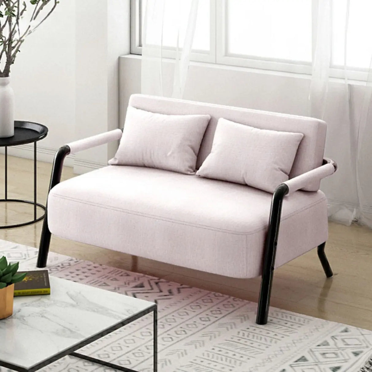 Pink Cotton Linen Pillow Back Tuxedo Arm Loveseat Image - 15