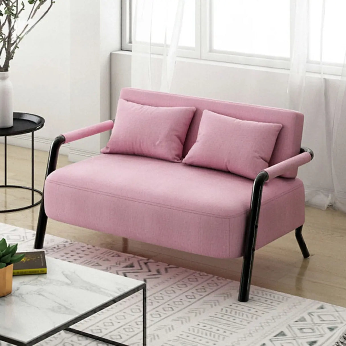Pink Cotton Linen Pillow Back Tuxedo Arm Loveseat Image - 16