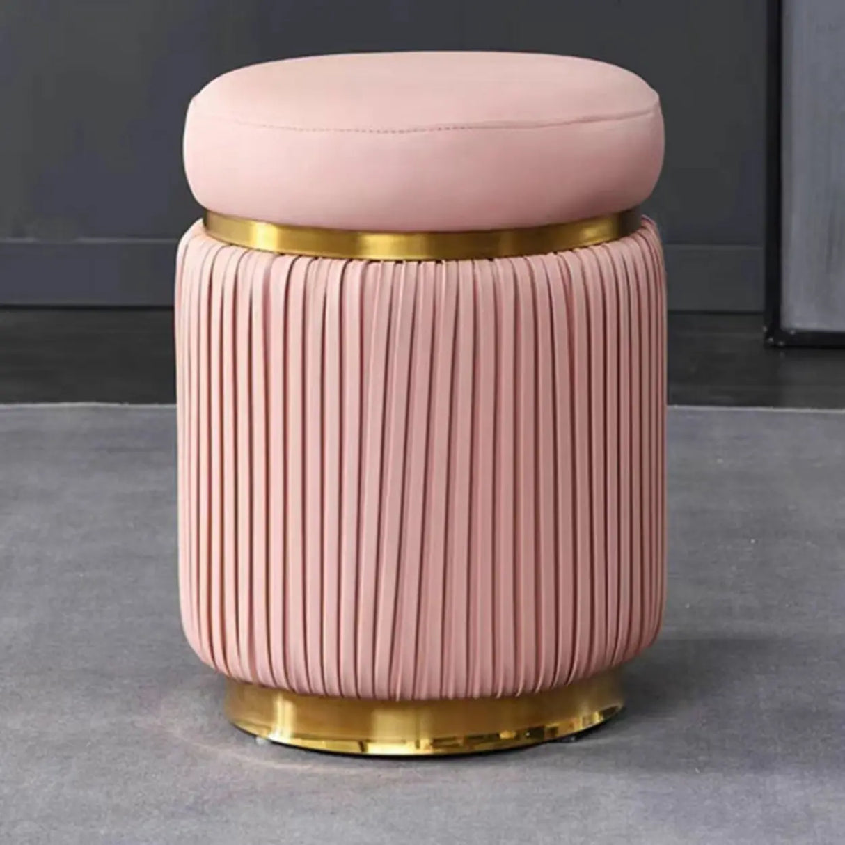 Pink Cylindrical Upholstered Velvet Gold Accent Vanity Stool Image - 3