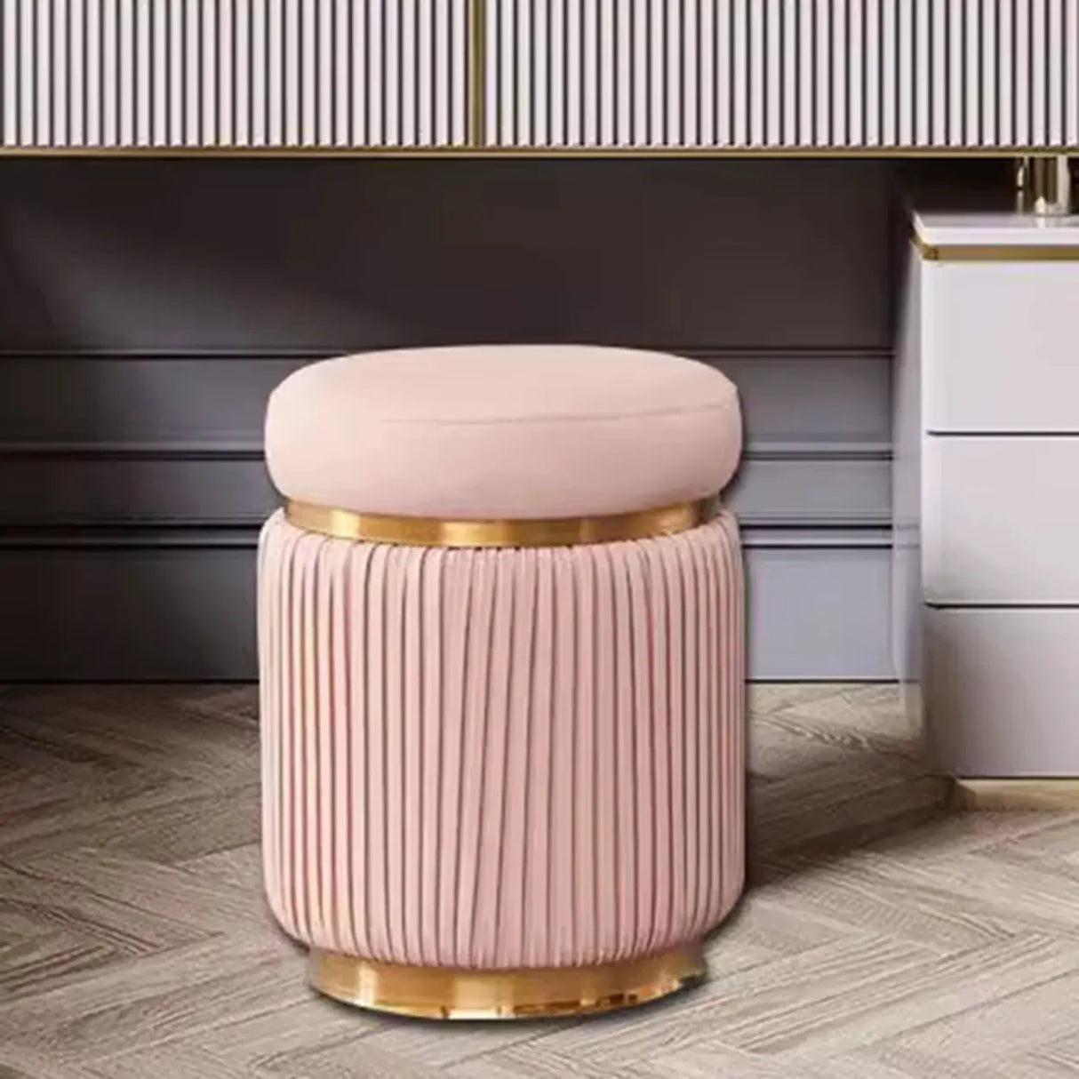 Pink Cylindrical Upholstered Velvet Gold Accent Vanity Stool Image - 4