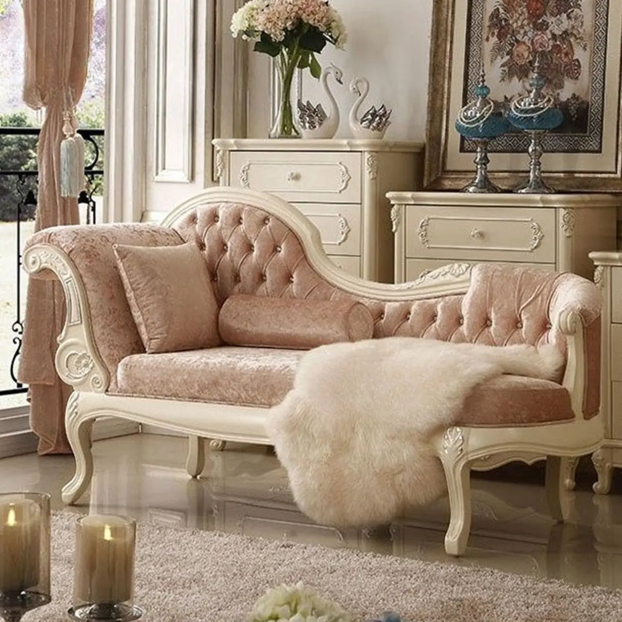 Pink Large Curved Velvet Wood Reclining Chaise Lounge Image - 1