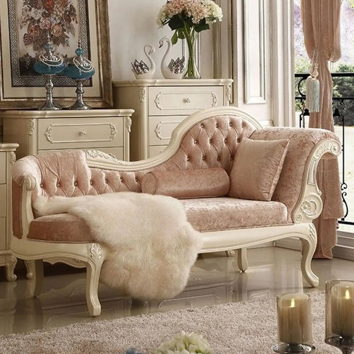 Pink Large Curved Velvet Wood Reclining Chaise Lounge Image - 2