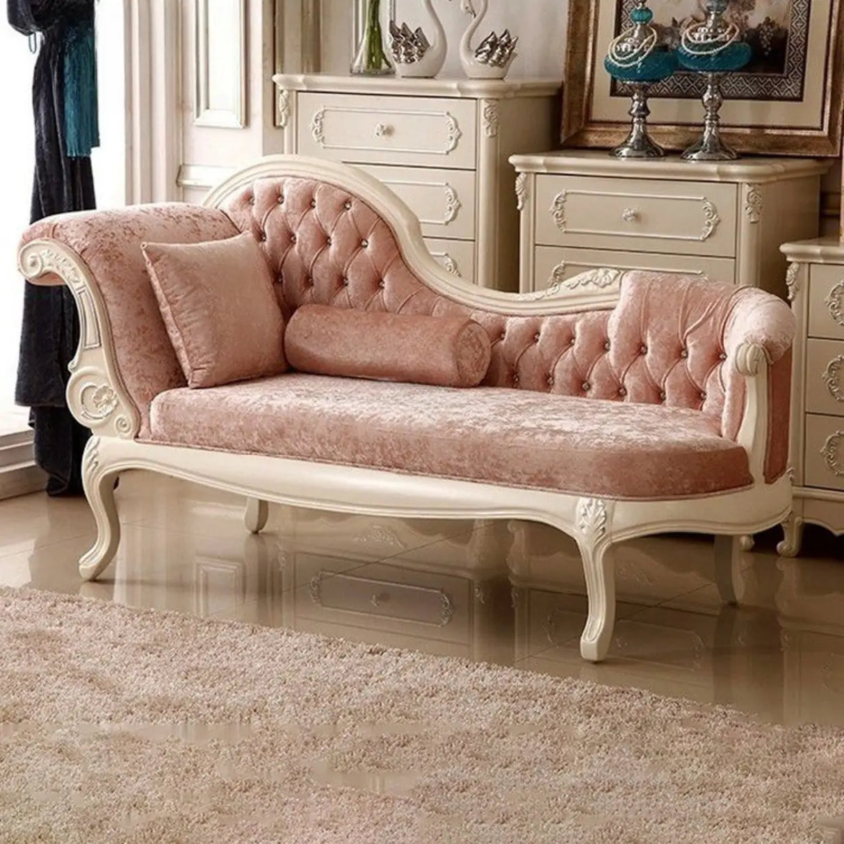Pink Large Curved Velvet Wood Reclining Chaise Lounge Image - 3
