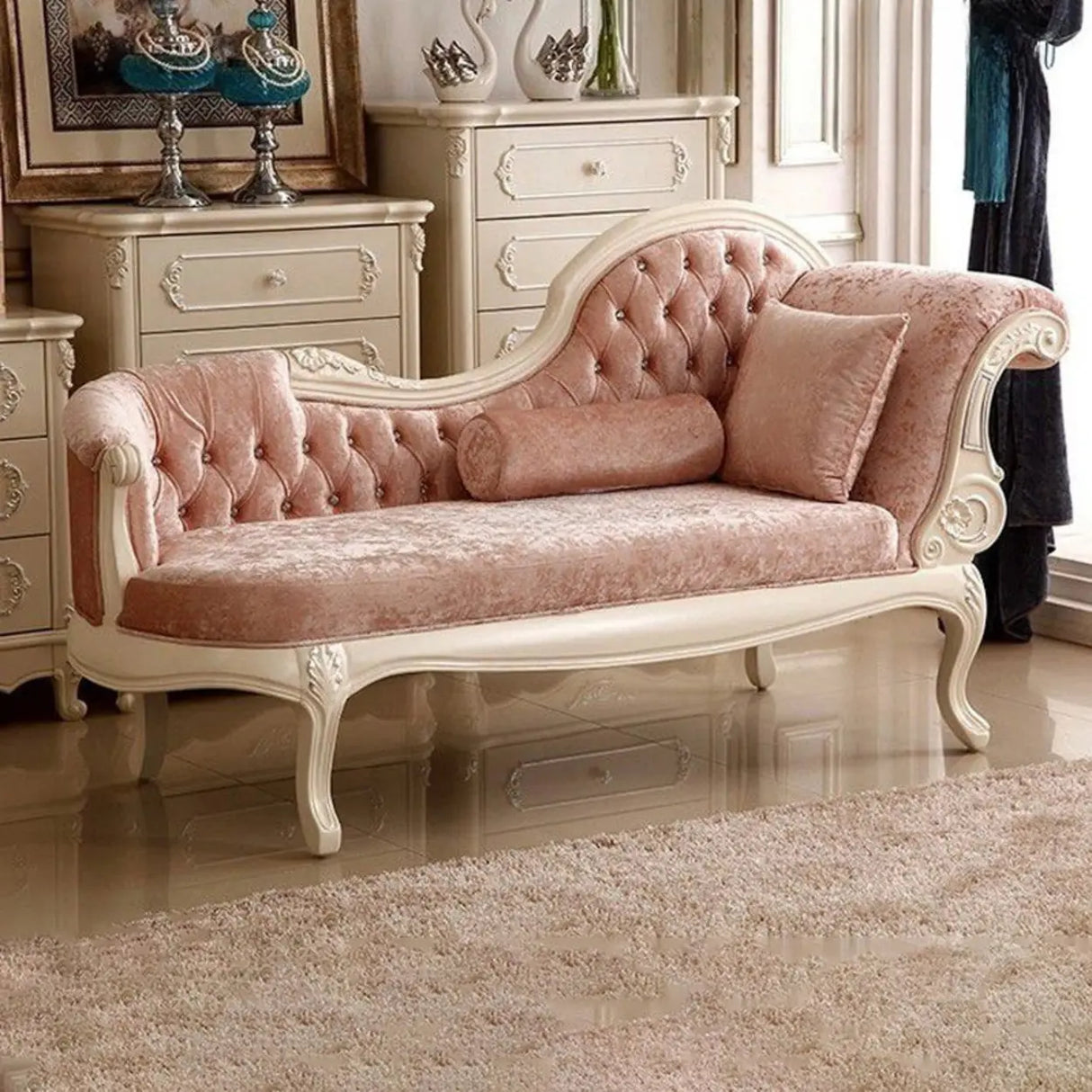 Pink Large Curved Velvet Wood Reclining Chaise Lounge Image - 4