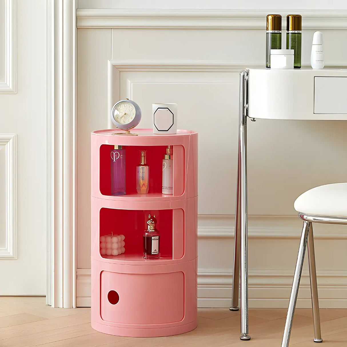 Pink Round Plastic Nightstand with Shelves and Cabinet Image - 1