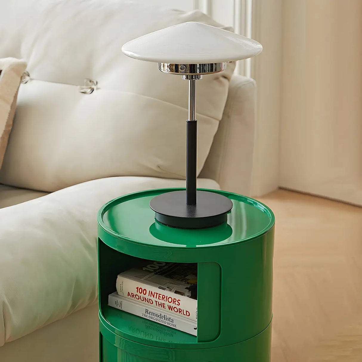 Pink Round Plastic Nightstand with Shelves and Cabinet Image - 11