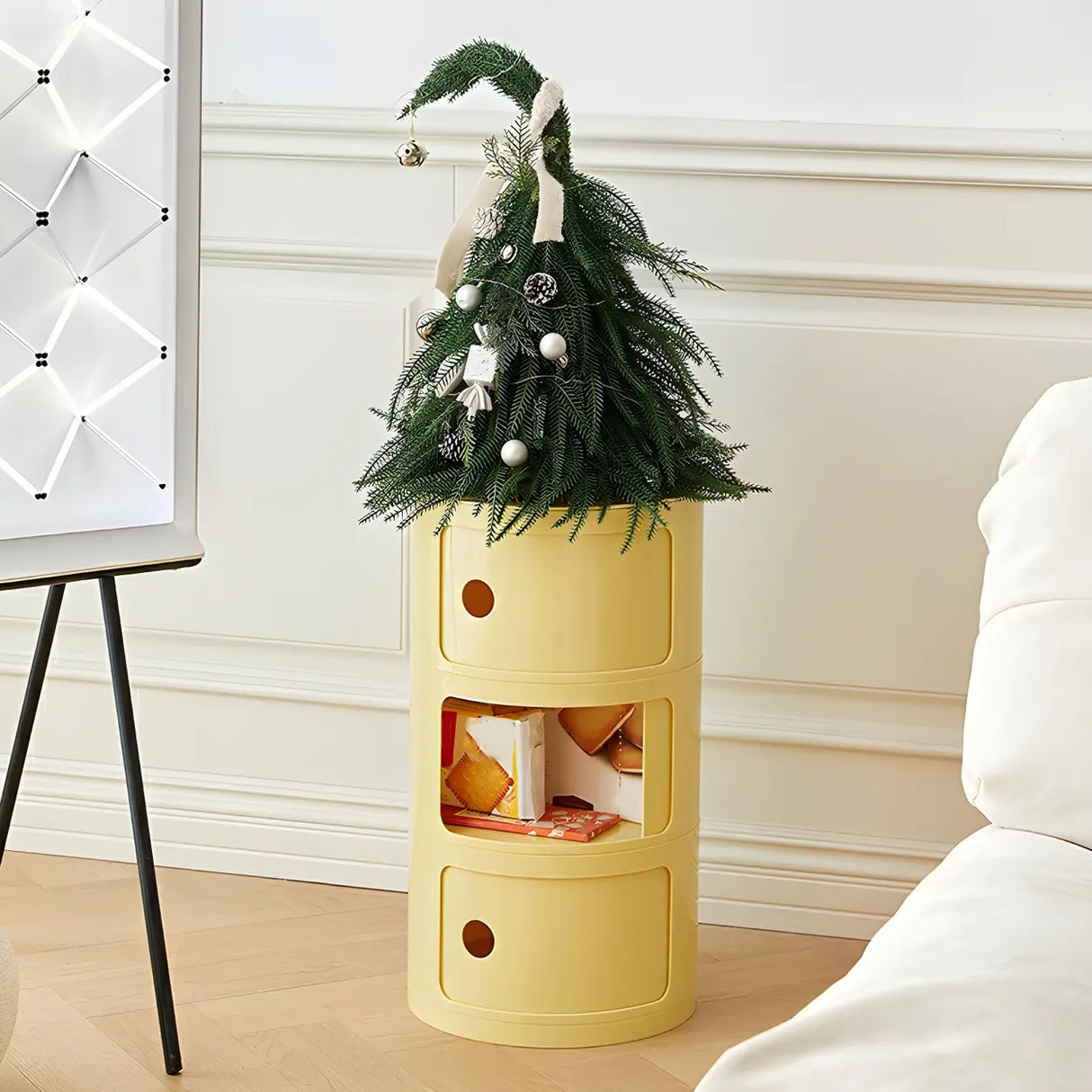 Pink Round Plastic Nightstand with Shelves and Cabinet Image - 3