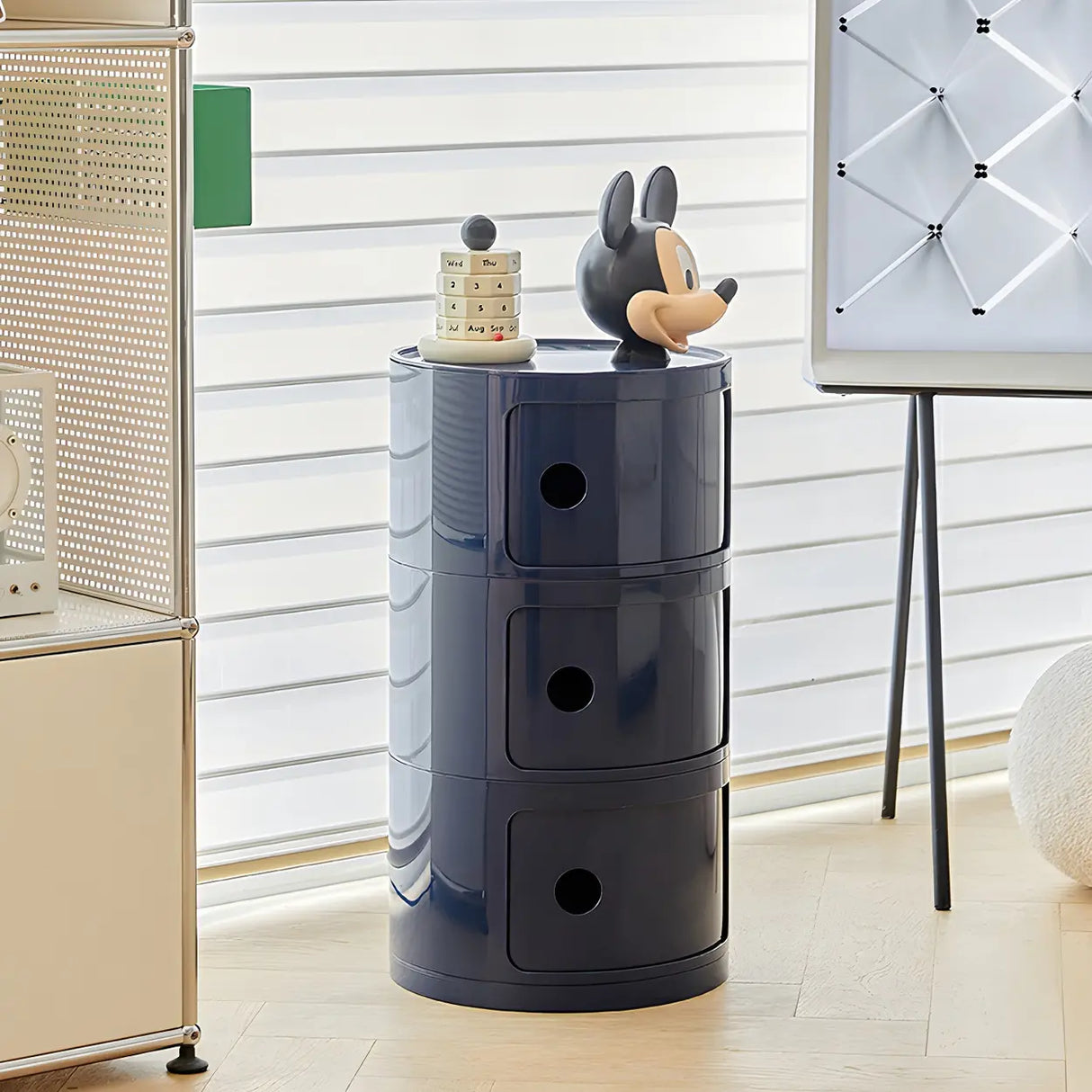 Pink Round Plastic Nightstand with Shelves and Cabinet Image - 6