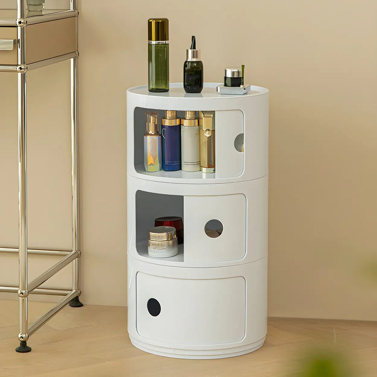 Pink Round Plastic Nightstand with Shelves and Cabinet Image - 7