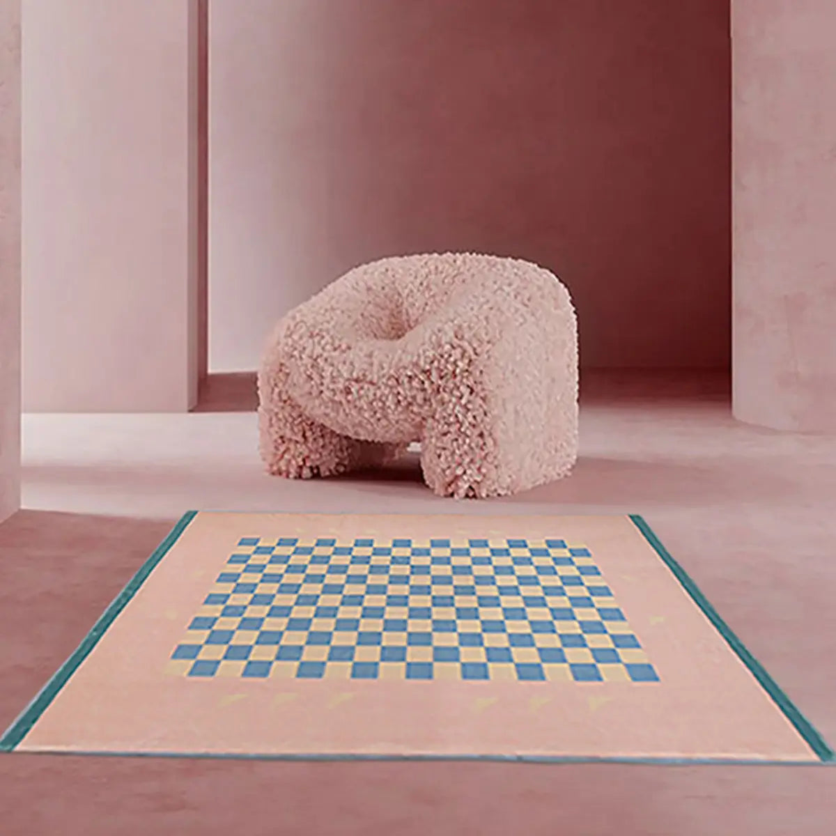 Pink Square Checkered Pattern Polyester Area Rug Image - 1