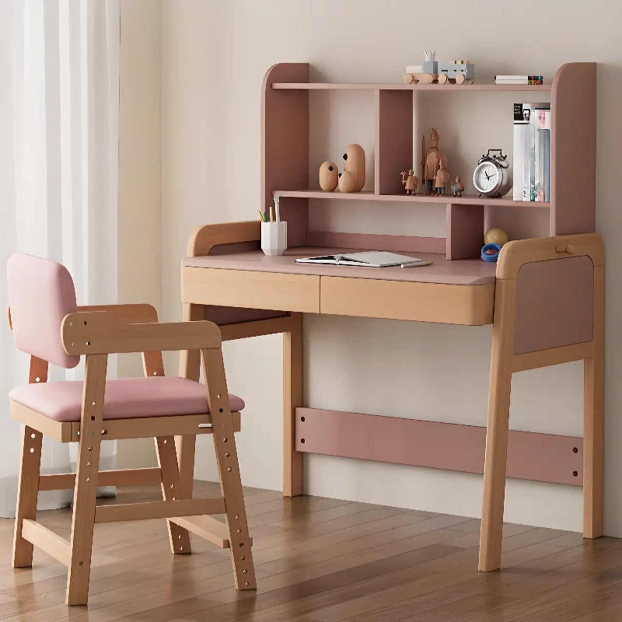 Pink Top Natural Wood Kids Desk with Hutch and Drawers Image - 1