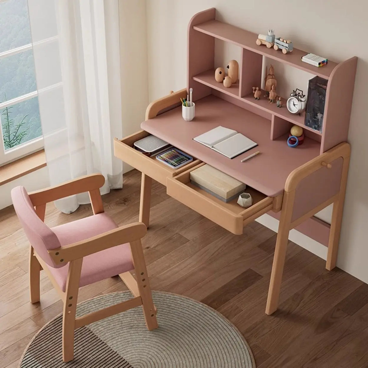 Pink Top Natural Wood Kids Desk with Hutch and Drawers Image - 2