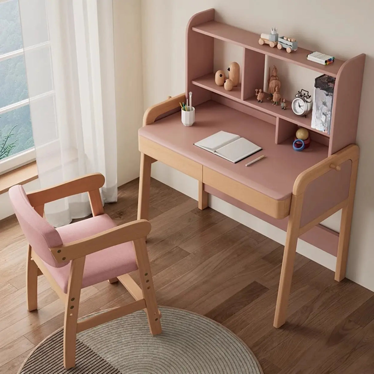 Pink Top Natural Wood Kids Desk with Hutch and Drawers Image - 3