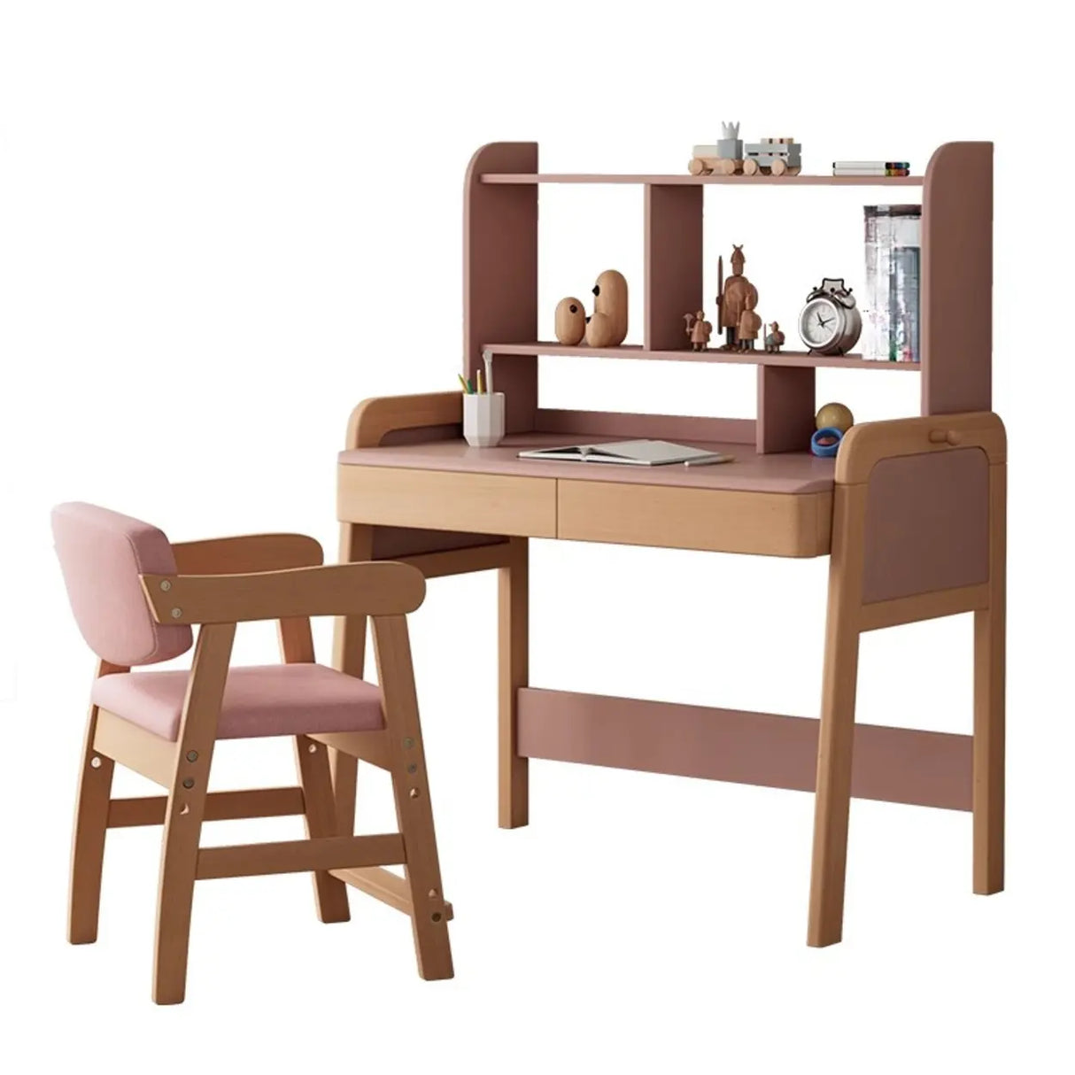 Pink Top Natural Wood Kids Desk with Hutch and Drawers Image - 4