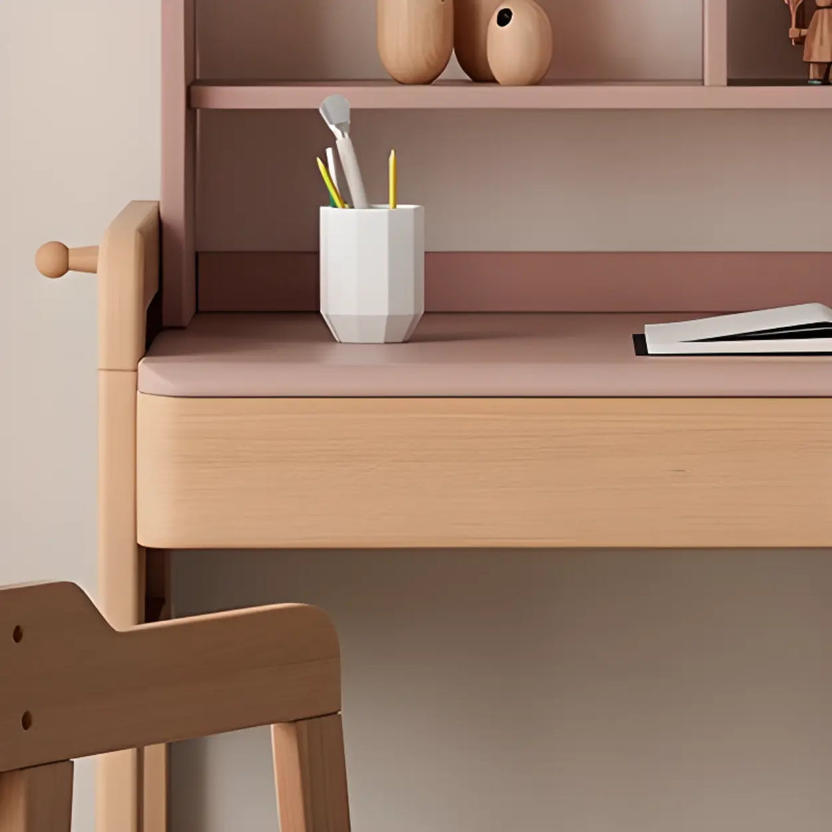 Pink Top Natural Wood Kids Desk with Hutch and Drawers Image - 6