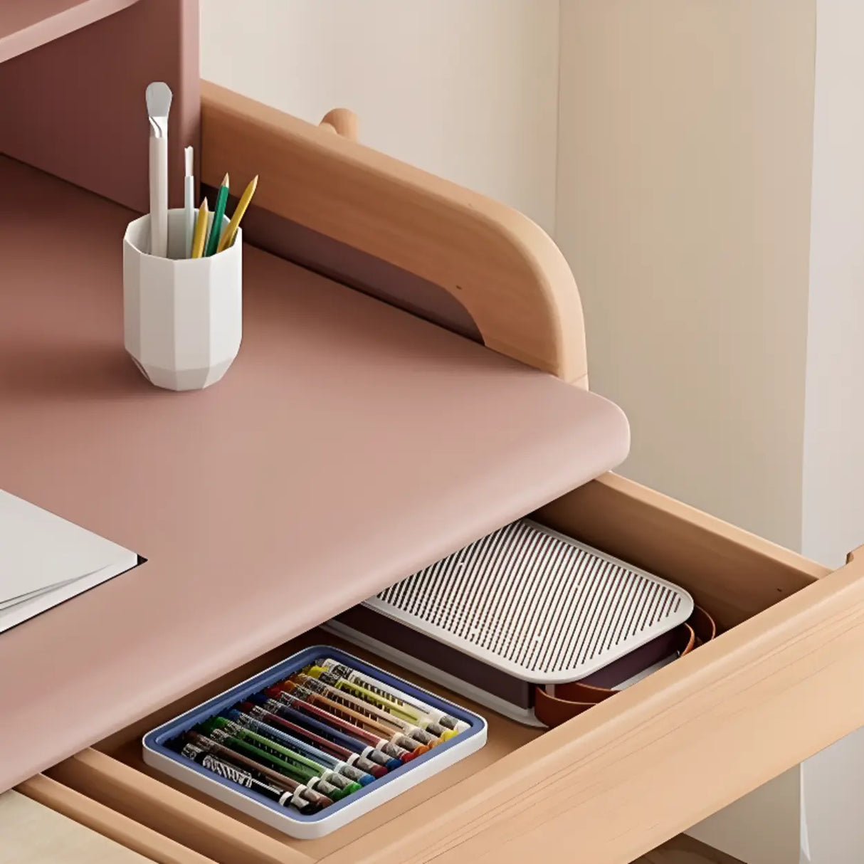 Pink Top Natural Wood Kids Desk with Hutch and Drawers Image - 7