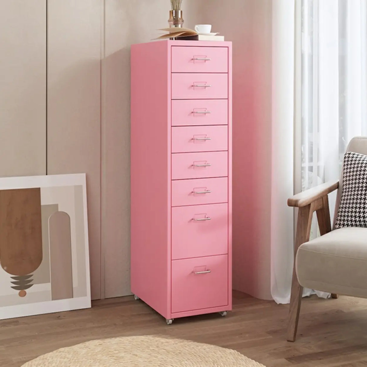 Pink Vertical Metal Casters Drawer Chest for Bedroom Image - 32