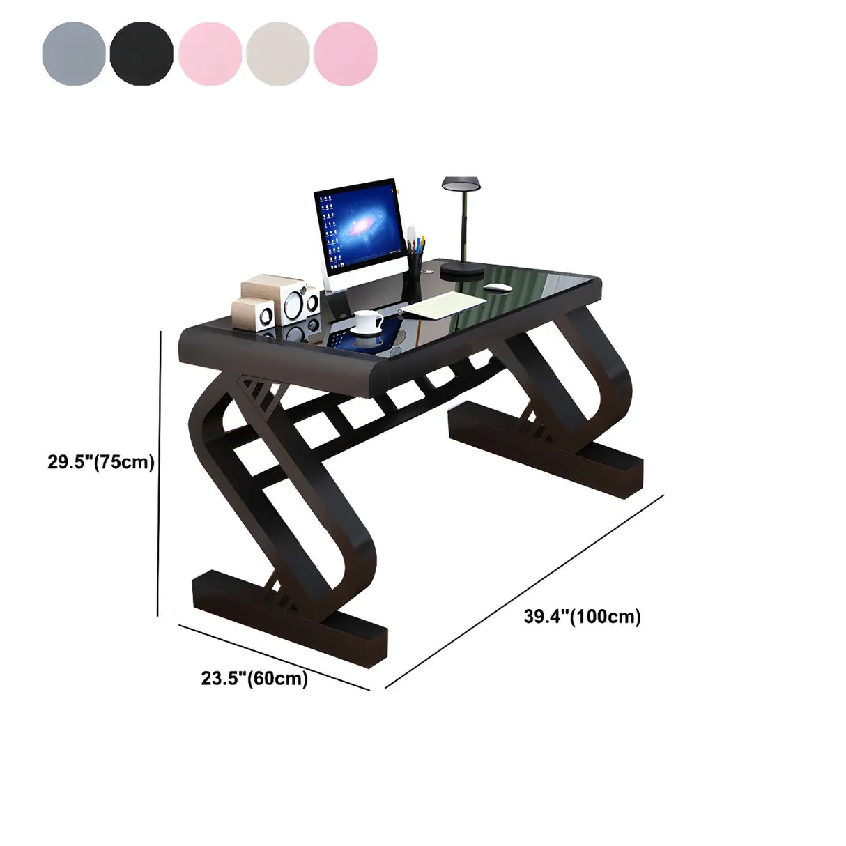 Pink-White Glass Metal Trestle Base Small Gaming Desk
