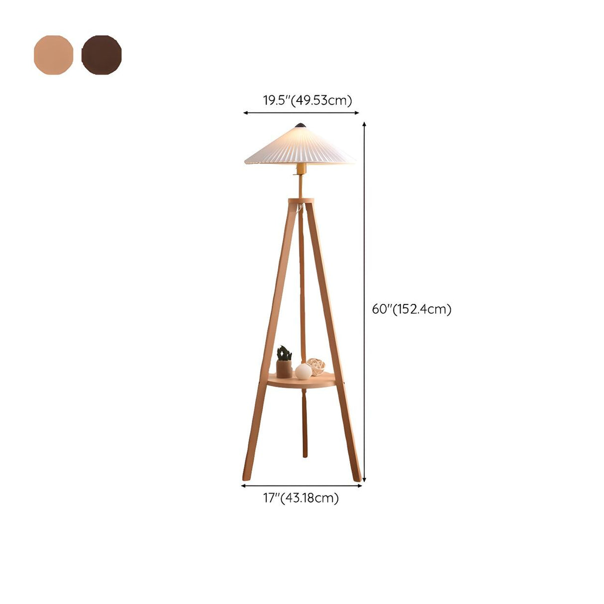 Pleated Cone Wooden Tripod Floor Lamp with Shelf