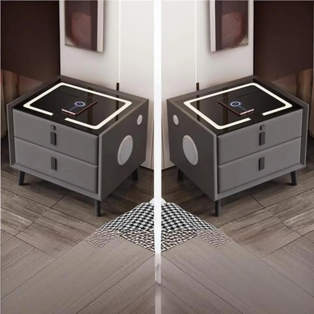 Practical Rectangular Leather Dark Gray Charging Nightstand Image - 1