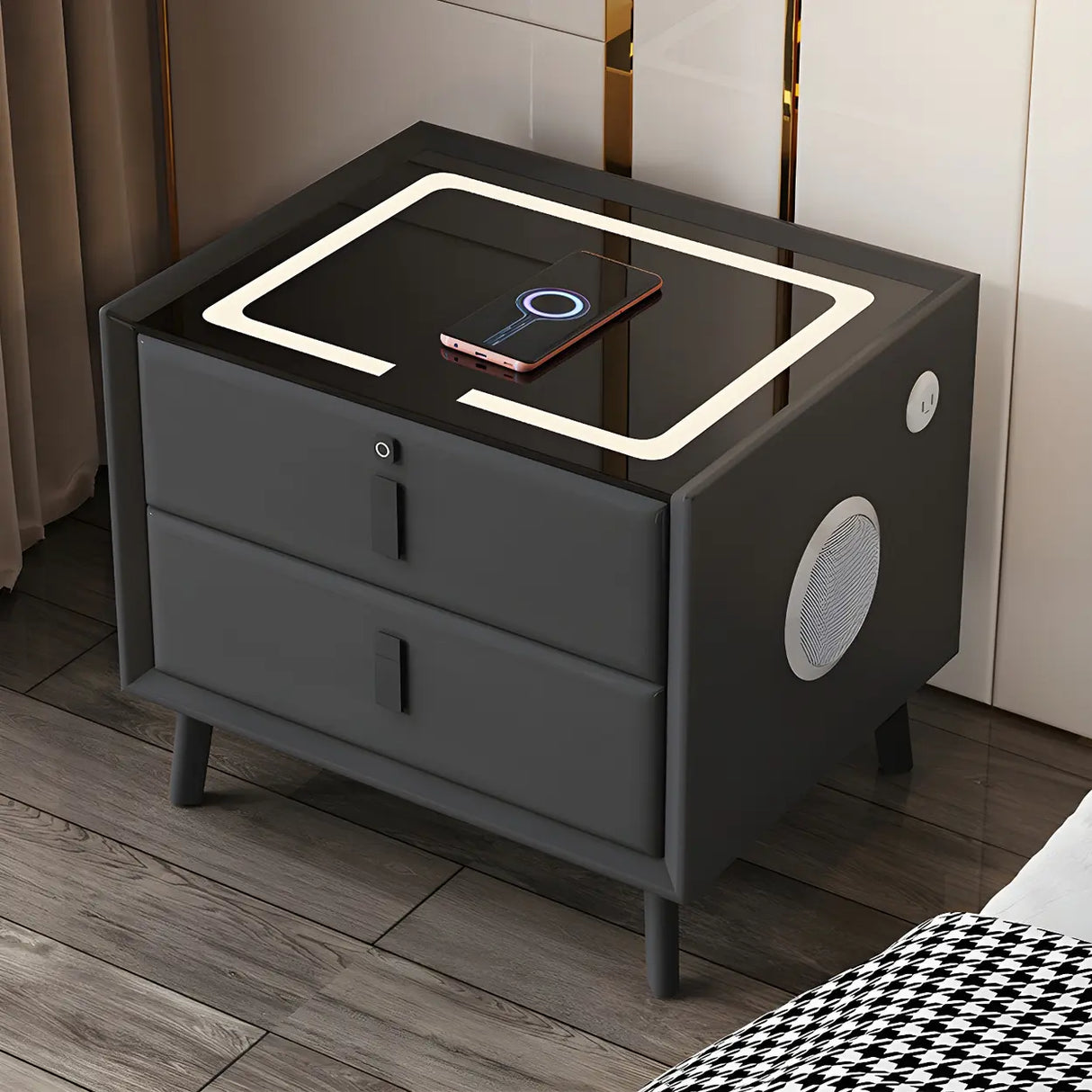 Practical Rectangular Leather Dark Gray Charging Nightstand Image - 4