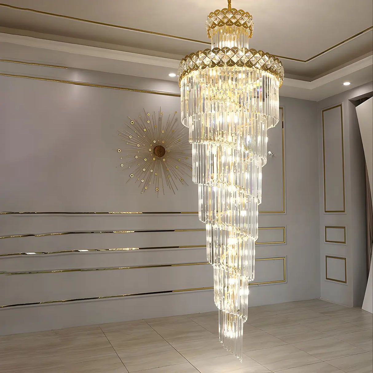 Prismatic Crystal Spiral High Ceiling Foyer Chandelier Image - 10