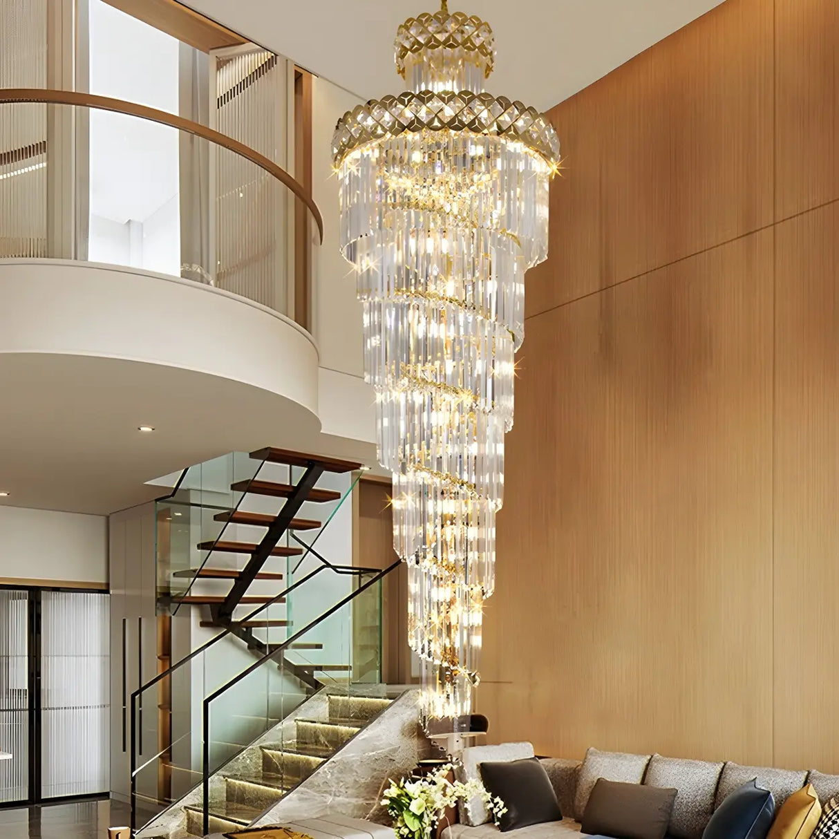 Prismatic Crystal Spiral High Ceiling Foyer Chandelier Image - 3