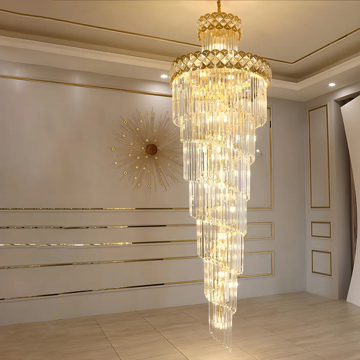 Prismatic Crystal Spiral High Ceiling Foyer Chandelier Image - 9