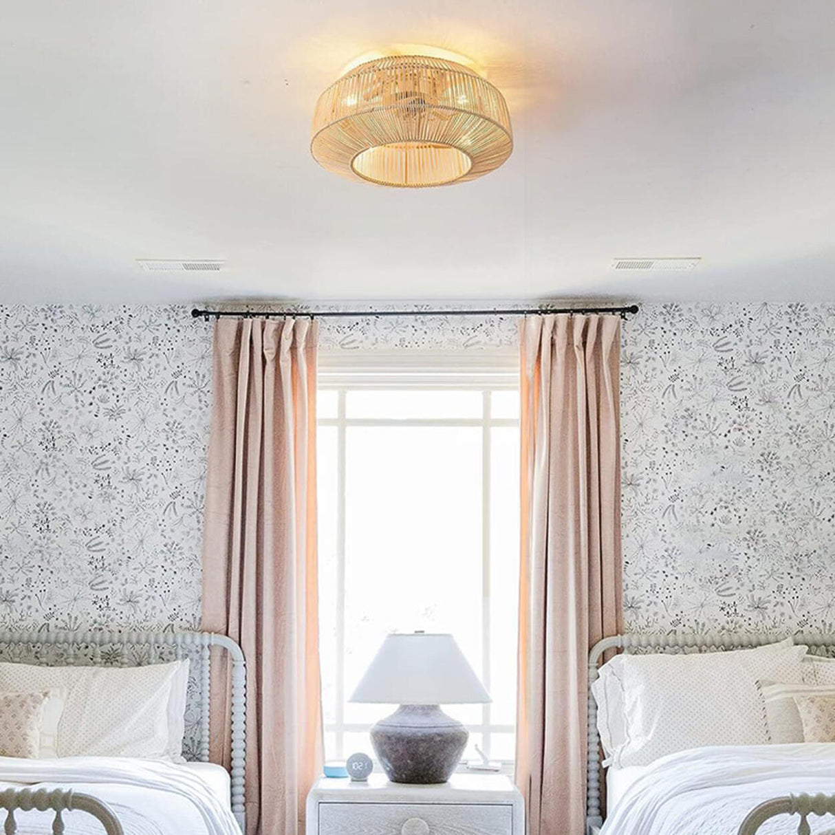 Rattan Clear Blades Flush Round Ceiling Fan with Light Image - 3