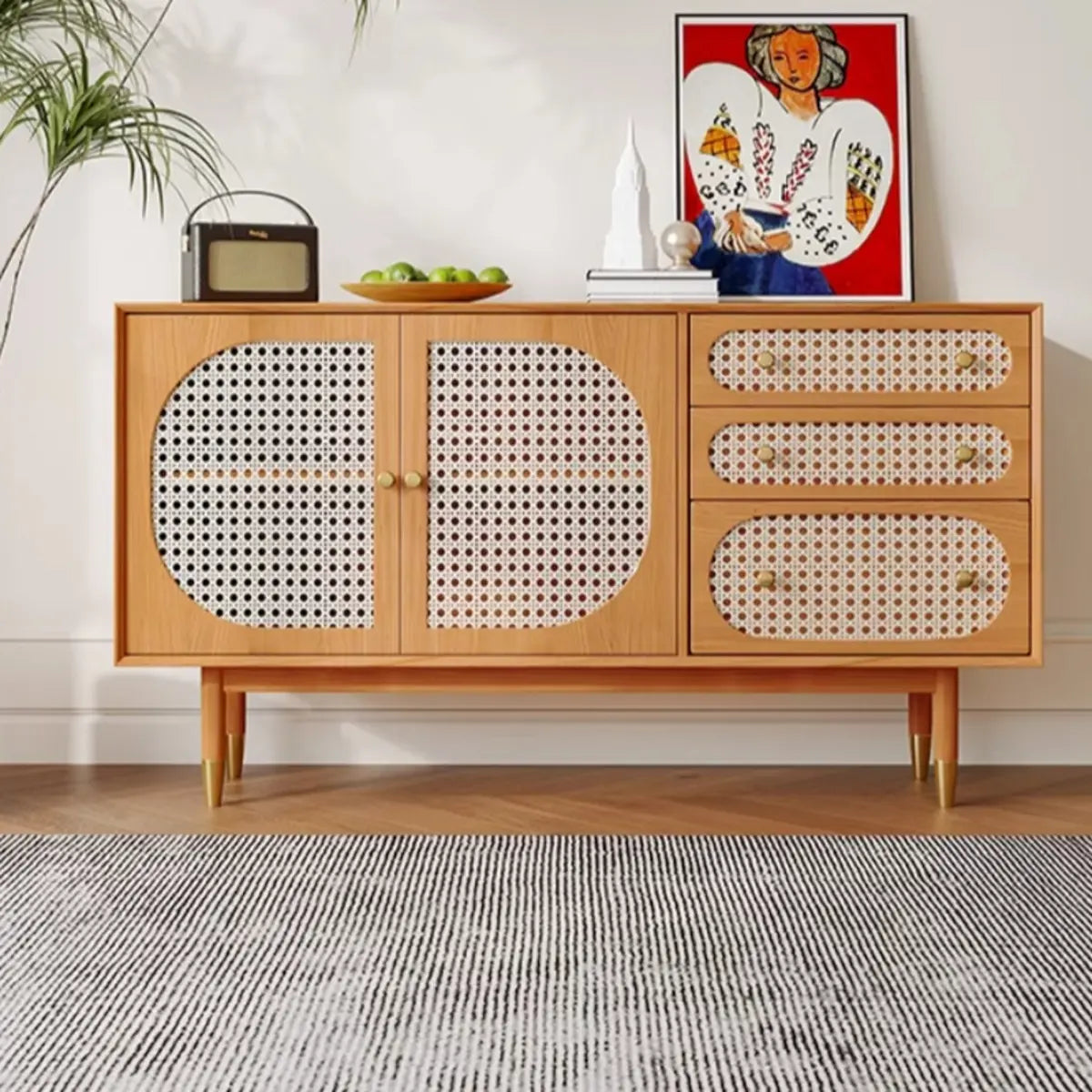 Rattan-Weaved Door Wood Natural Floor Storage Buffet Image - 1
