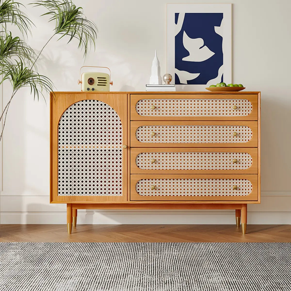 Rattan-Weaved Door Wood Natural Floor Storage Buffet Image - 2