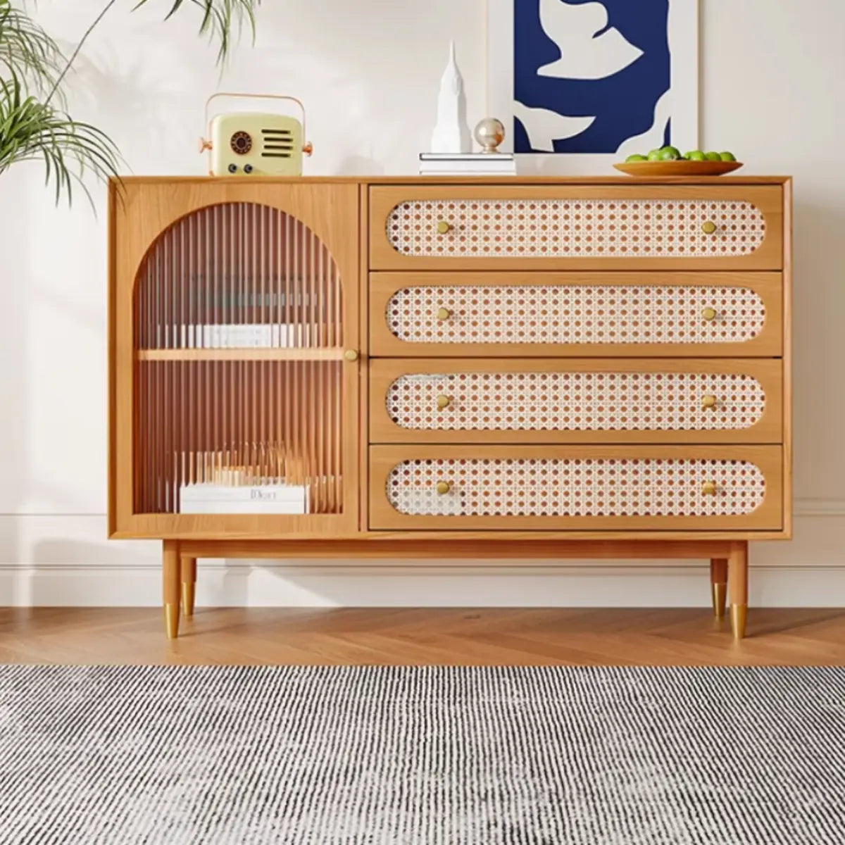 Rattan-Weaved Door Wood Natural Floor Storage Buffet Image - 3