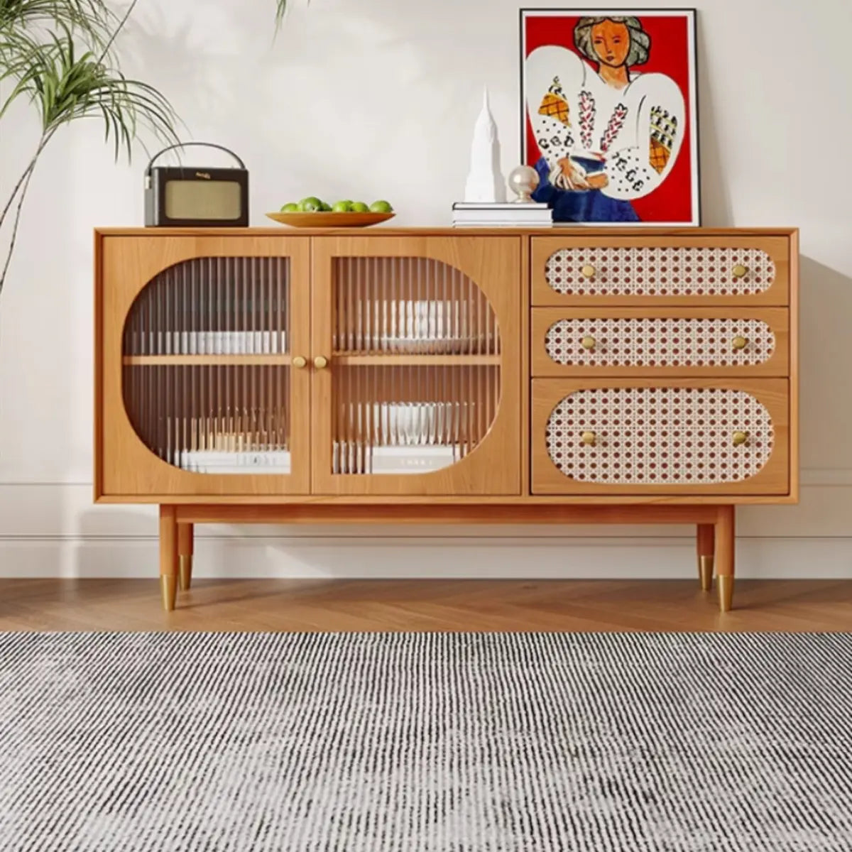 Rattan-Weaved Door Wood Natural Floor Storage Buffet Image - 4