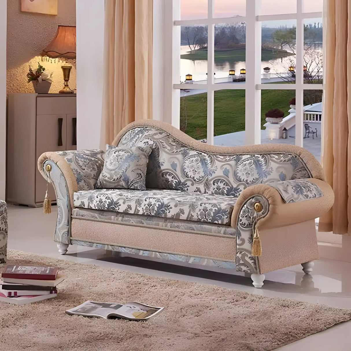 Reclining Beige Large Curved Fabric Chaise Lounge Sofa Image - 1