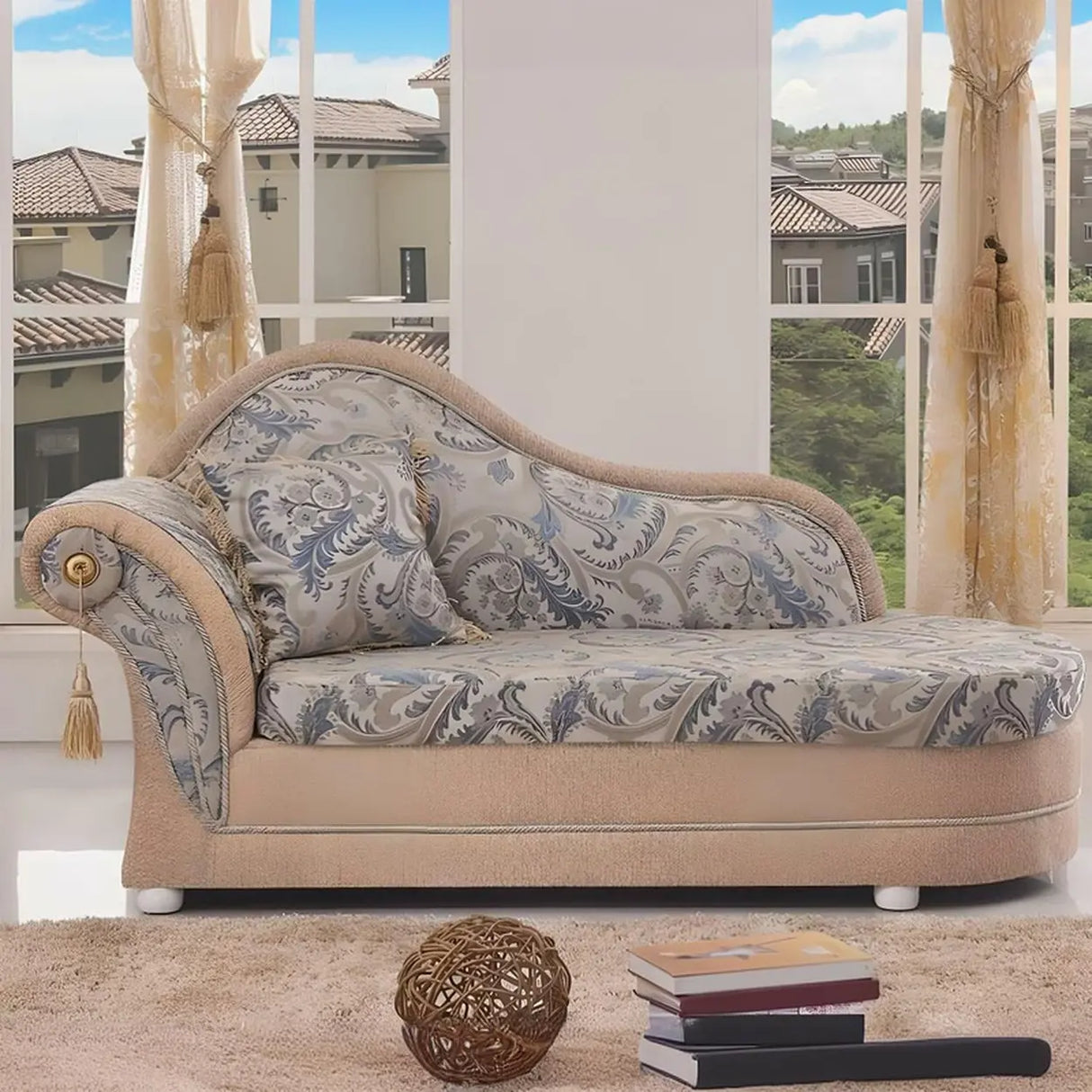 Reclining Beige Large Curved Fabric Chaise Lounge Sofa Image - 2