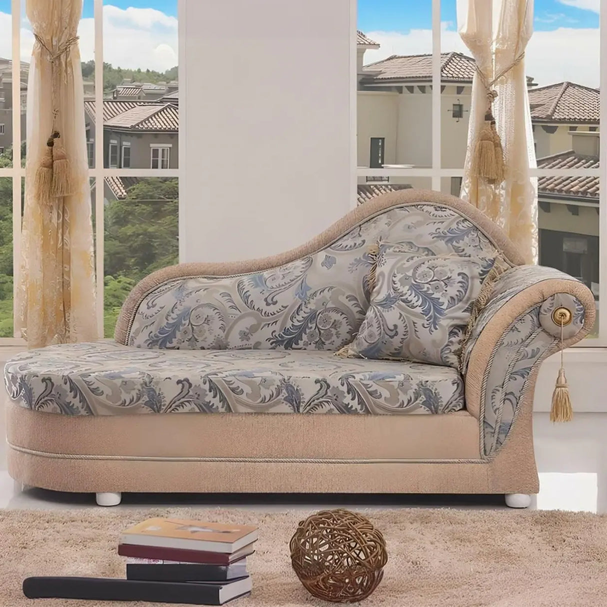 Reclining Beige Large Curved Fabric Chaise Lounge Sofa Image - 3