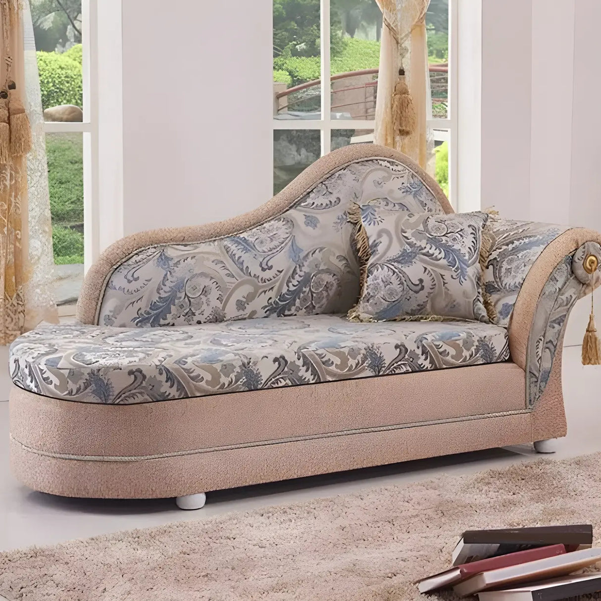 Reclining Beige Large Curved Fabric Chaise Lounge Sofa Image - 4