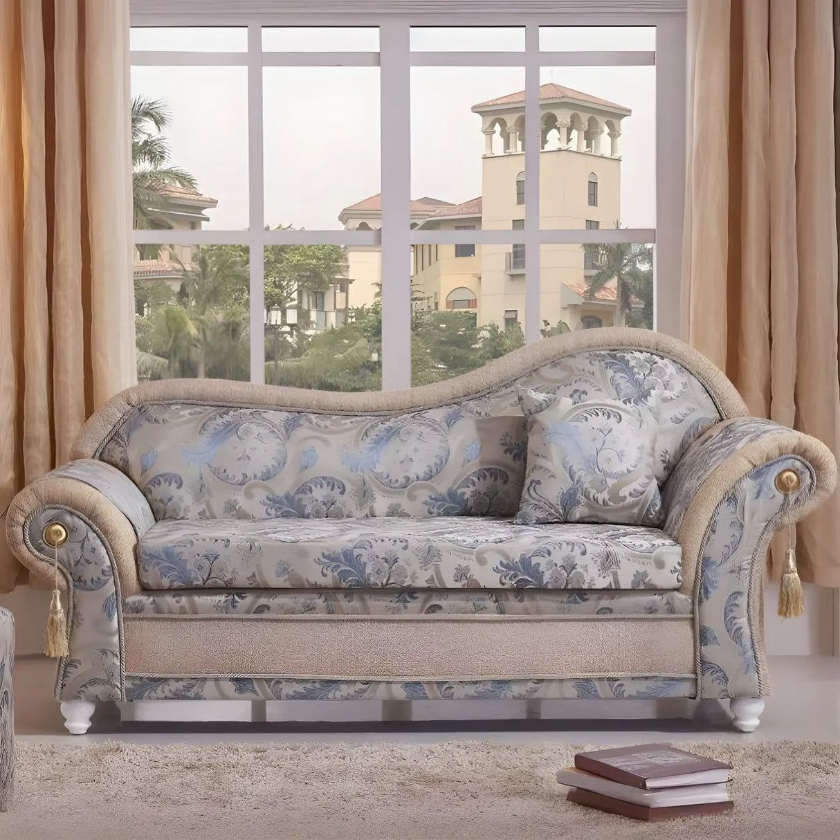 Reclining Beige Large Curved Fabric Chaise Lounge Sofa Image - 5