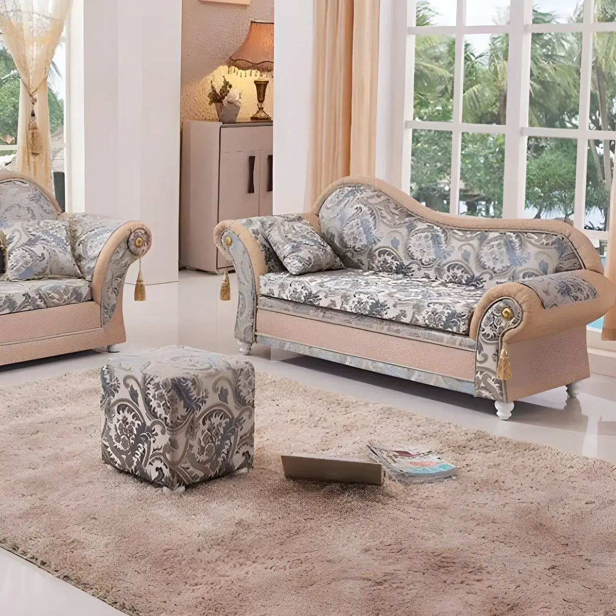 Reclining Beige Large Curved Fabric Chaise Lounge Sofa Image - 6