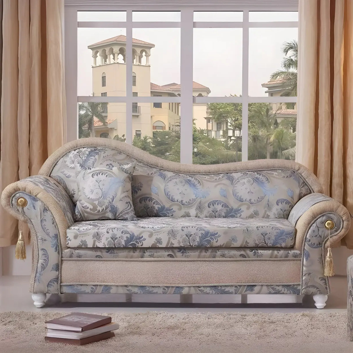 Reclining Beige Large Curved Fabric Chaise Lounge Sofa Image - 7