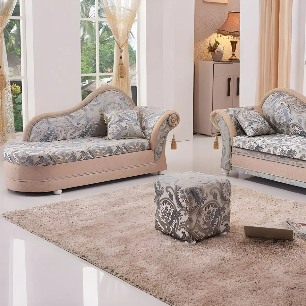 Reclining Beige Large Curved Fabric Chaise Lounge Sofa Image - 8