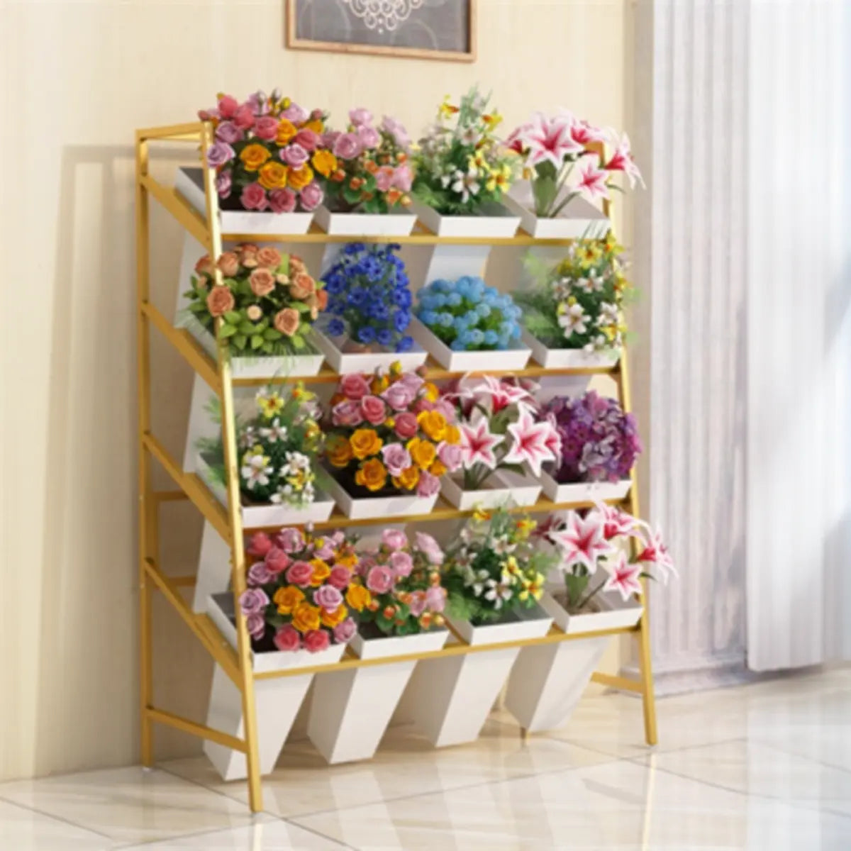 Rectangle 4-Tier Wheel Metal Storage Plant Stand Gold Image - 1