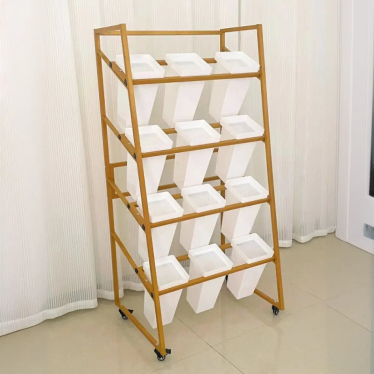 Rectangle 4-Tier Wheel Metal Storage Plant Stand Gold Image - 11