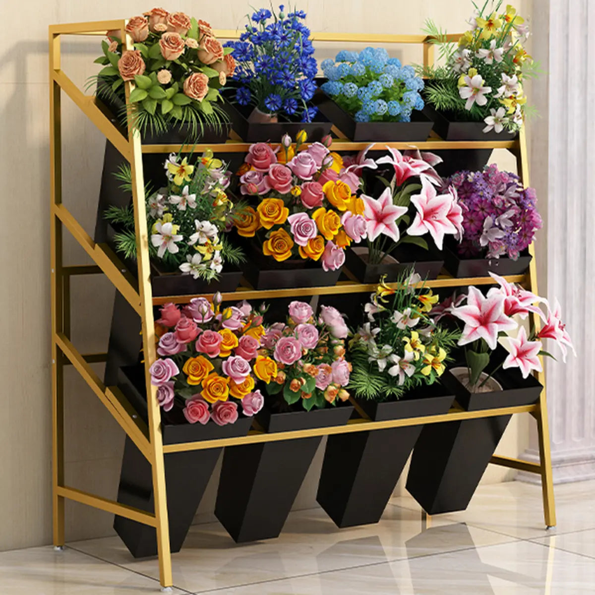 Rectangle 4-Tier Wheel Metal Storage Plant Stand Gold Image - 14