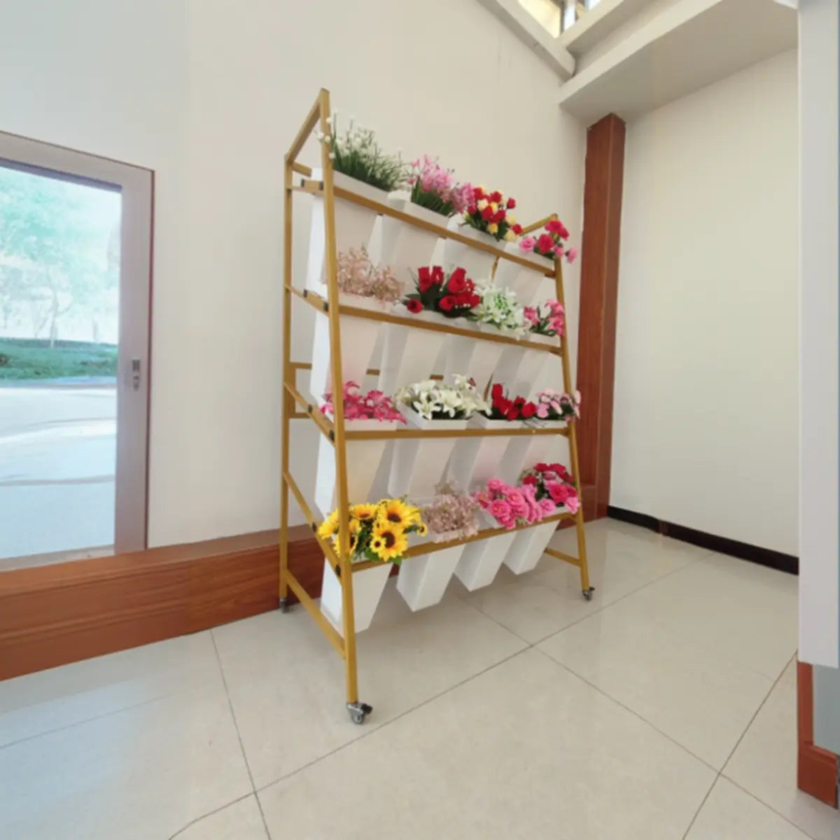 Rectangle 4-Tier Wheel Metal Storage Plant Stand Gold Image - 2