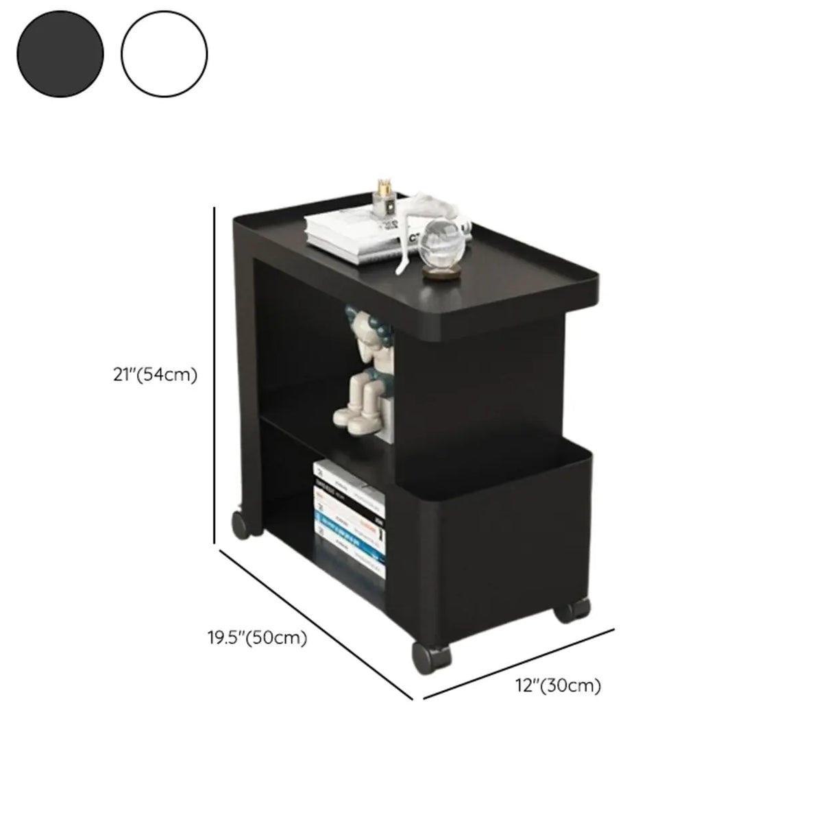 Rectangle Black Iron 3 Tiers Casters Side Table with Shelf