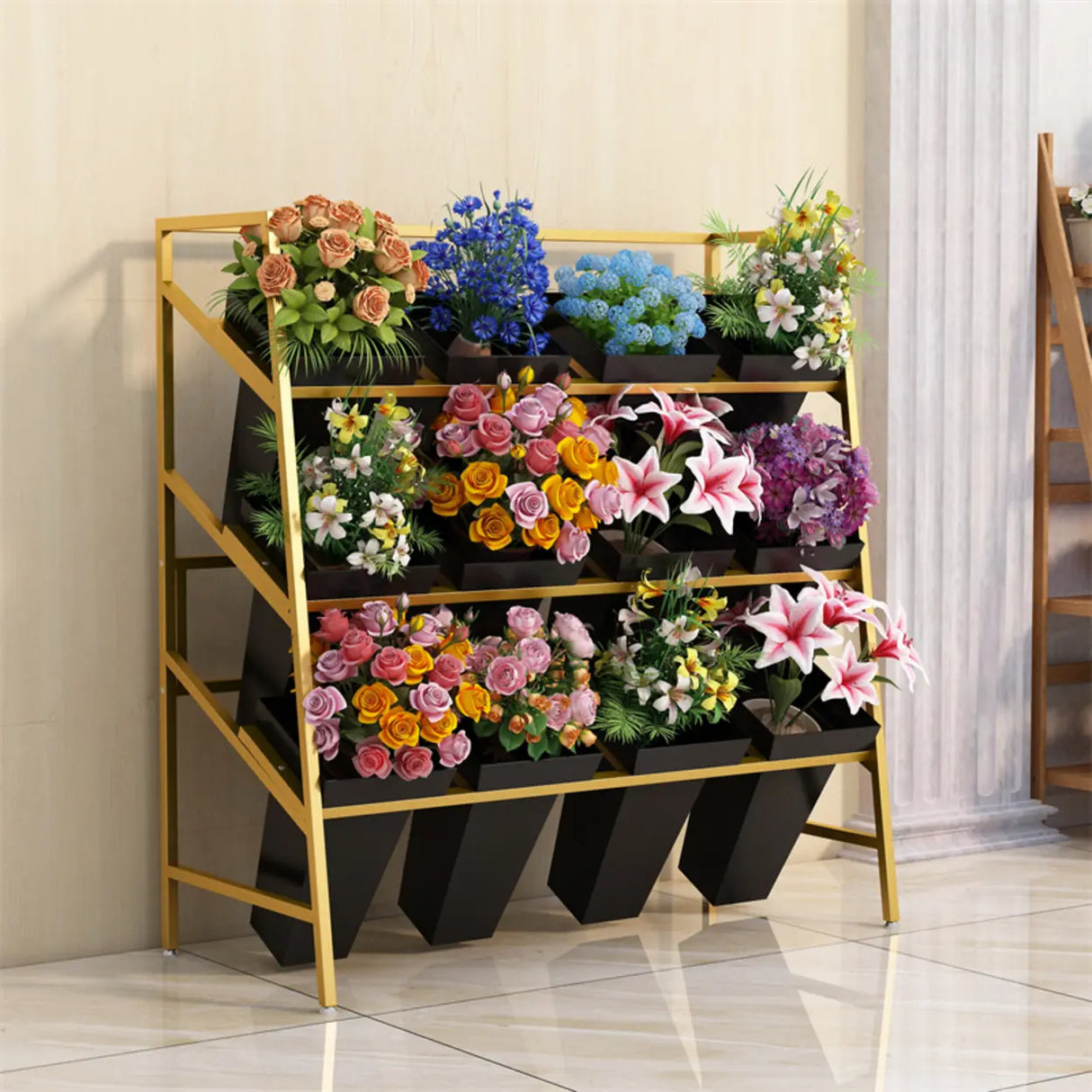 Rectangle Iron Gold Floor Storage Pot Plant Stand Black Image - 1